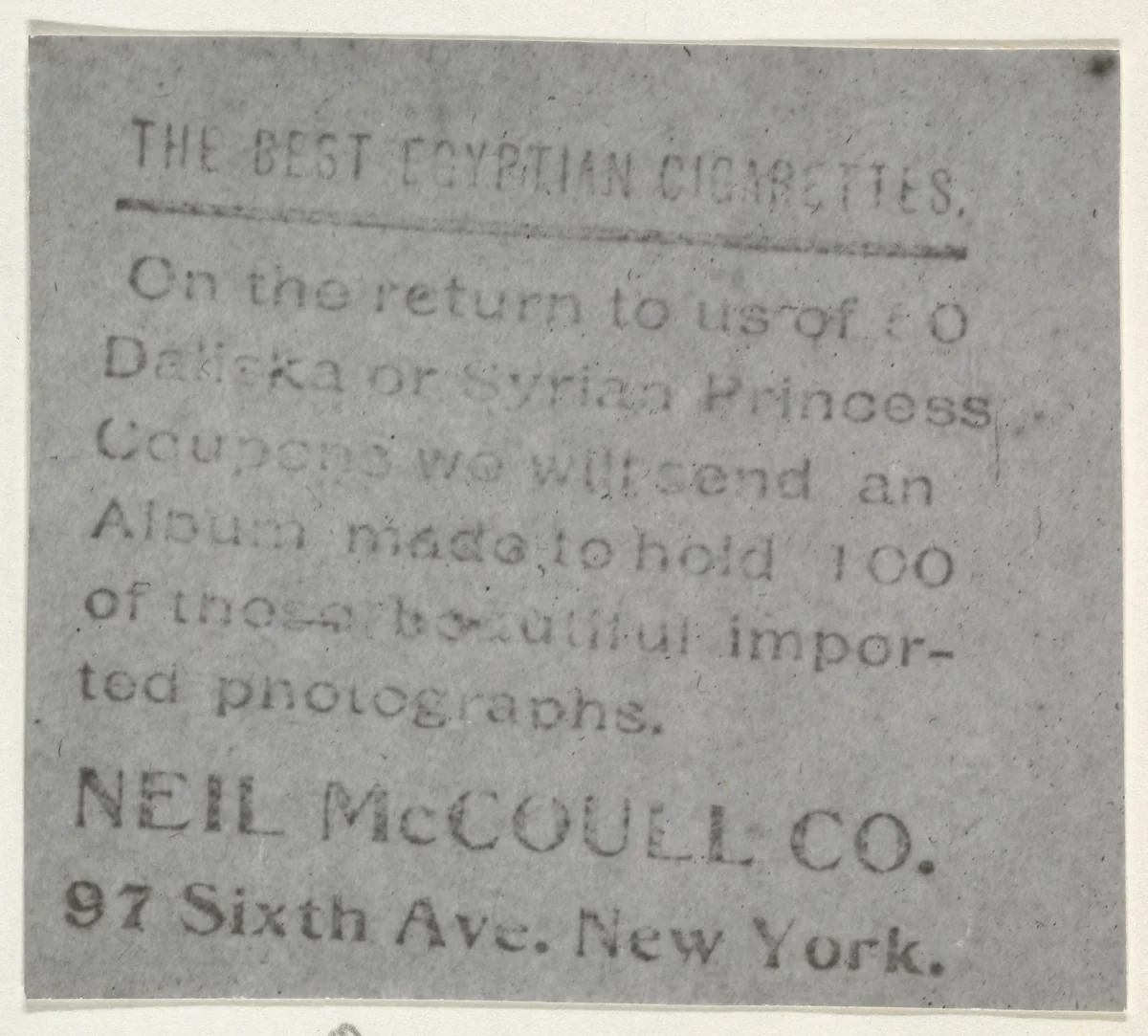 Facsimile of card verso, from the Actresses series (T123, Type 1), issued by Neil McCoull Co. by Neil McCoull Co., photograph, 1888-1915