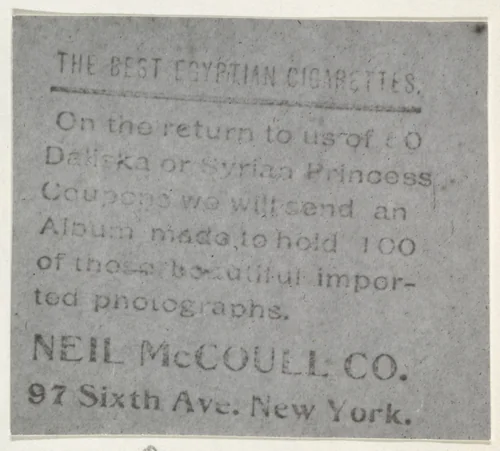 Facsimile of card verso, from the Actresses series (T123, Type 1), issued by Neil McCoull Co. by Neil McCoull Co., photograph, 1888-1915