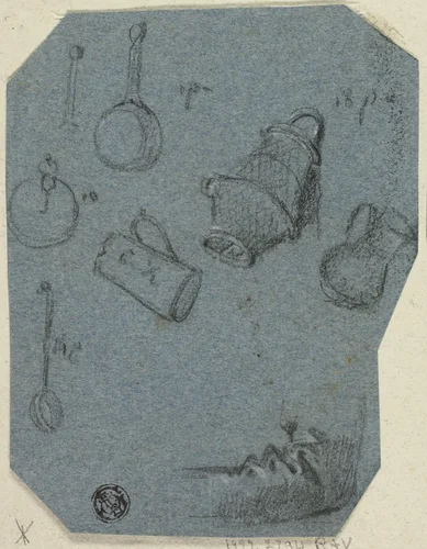 Sketches of Kitchen Utensils, Bent Arm (recto); Historical Scene (verso) by Unknown Artist, drawing, 1800-1899