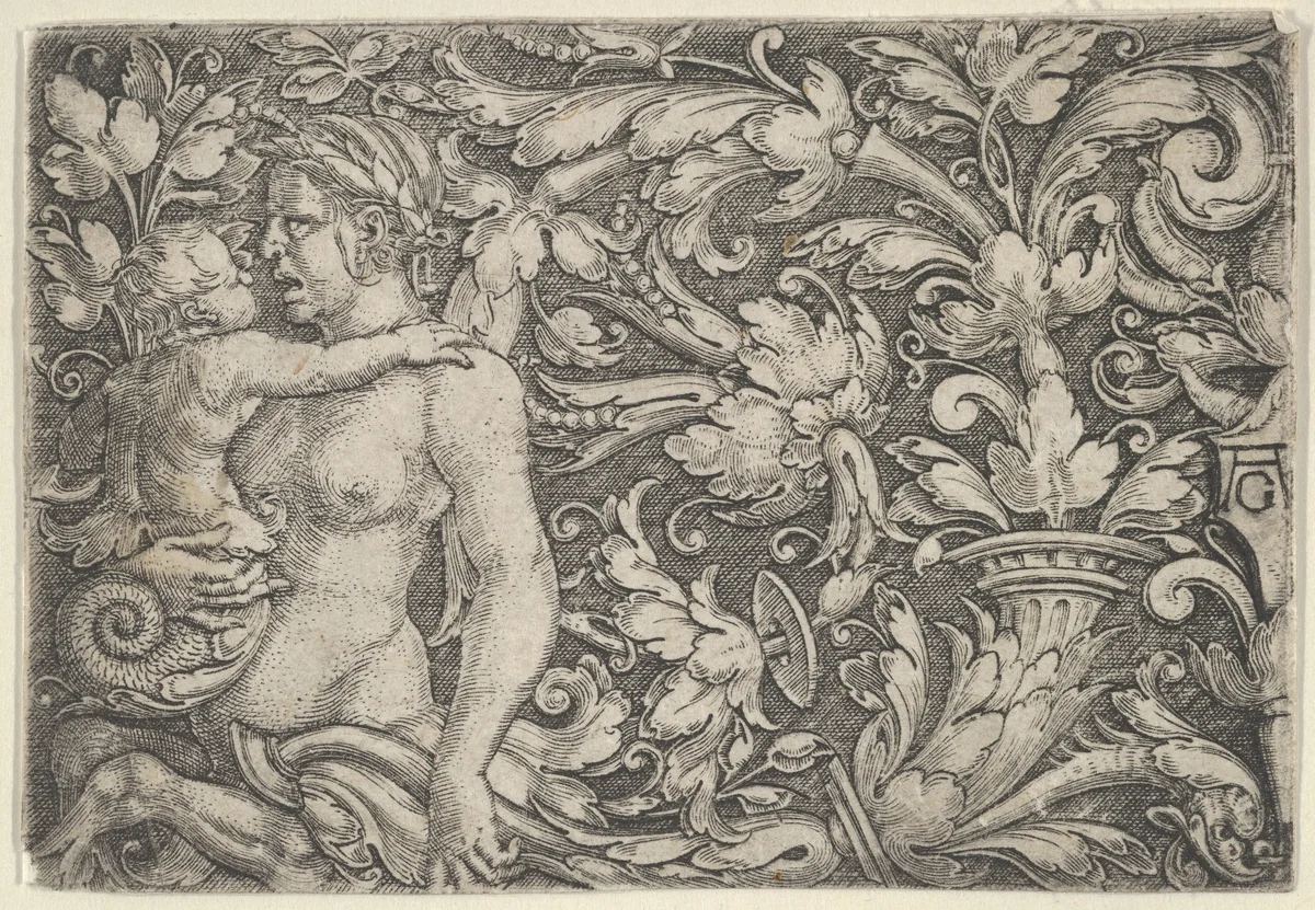 Horizontal Panel with Triton and Child Surrounded by Foliage by Heinrich Aldegrever, print, 1525-1561