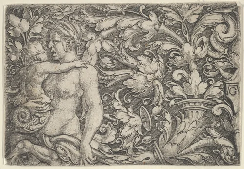 Horizontal Panel with Triton and Child Surrounded by Foliage by Heinrich Aldegrever, print, 1525-1561