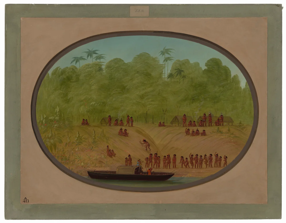 An Omagua Village - Boat Sketch by George Catlin, painting, 1854-1869