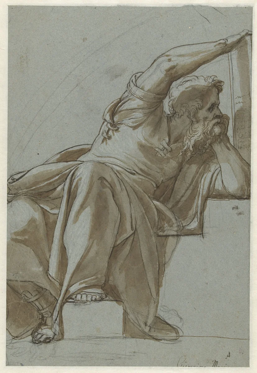 Zittende mansfiguur (profeet?) by Girolamo Muziano, drawing, 1549-1555