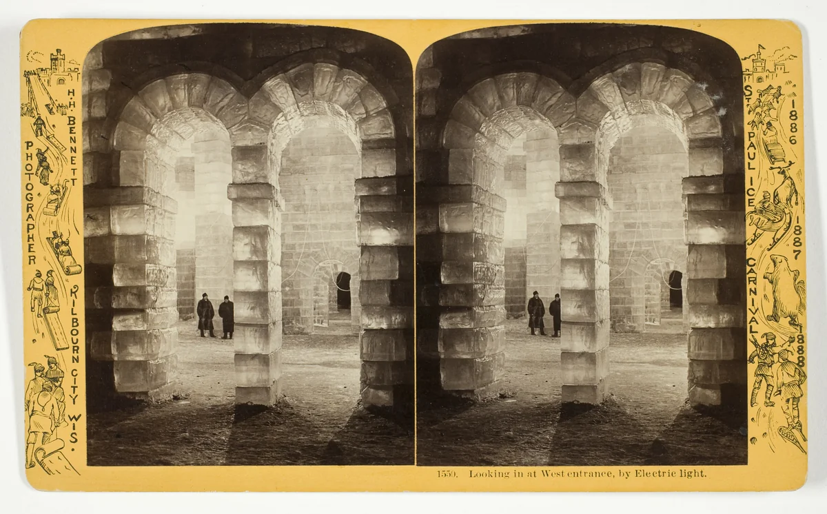 Looking in at West entrance, by Electric light, No. 1550 from the series "St. Paul Ice Carnival" by Henry Hamilton Bennett, photograph, 1868-1888