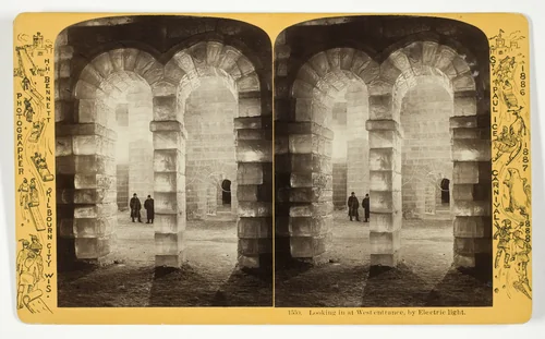Looking in at West entrance, by Electric light, No. 1550 from the series "St. Paul Ice Carnival" by Henry Hamilton Bennett, photograph, 1868-1888