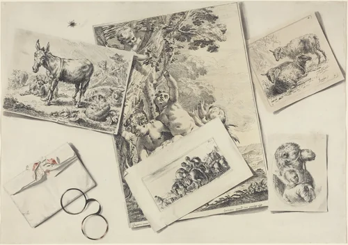 Trompe l'Oeil: Old Prints, a Torn Envelope with Horn-rimmed Glasses, and a Housefly by Jean-Pierre-Xavier Bidauld, drawing, 1763