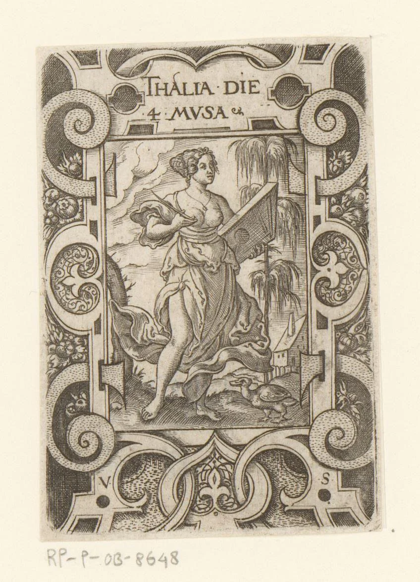 Thalia in rolwerk omlijsting by Unknown, print, 1524-1562