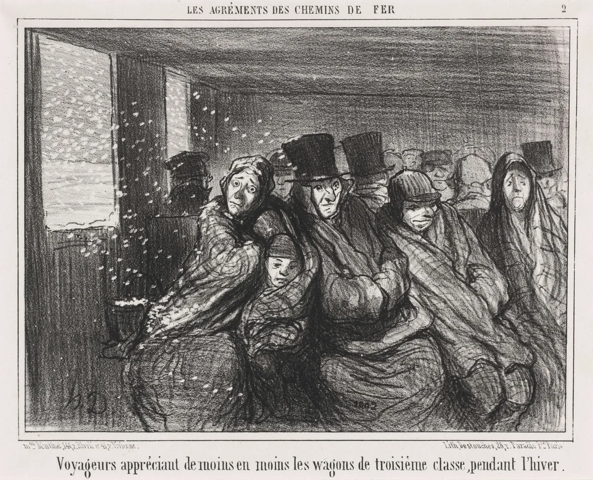 Voyageurs appréciant de moins en moins les wagons de troisième classe... by Honoré Daumier, print, 1856