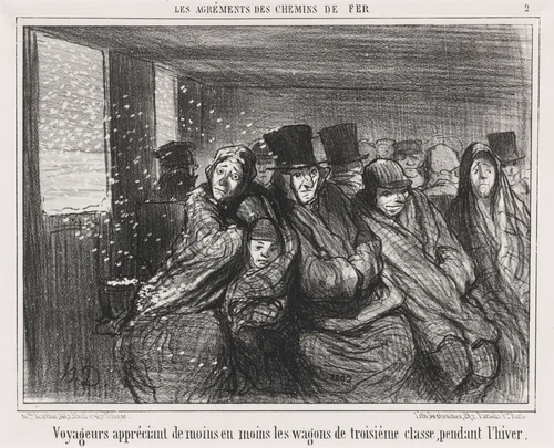 Voyageurs appréciant de moins en moins les wagons de troisième classe... by Honoré Daumier, print, 1856