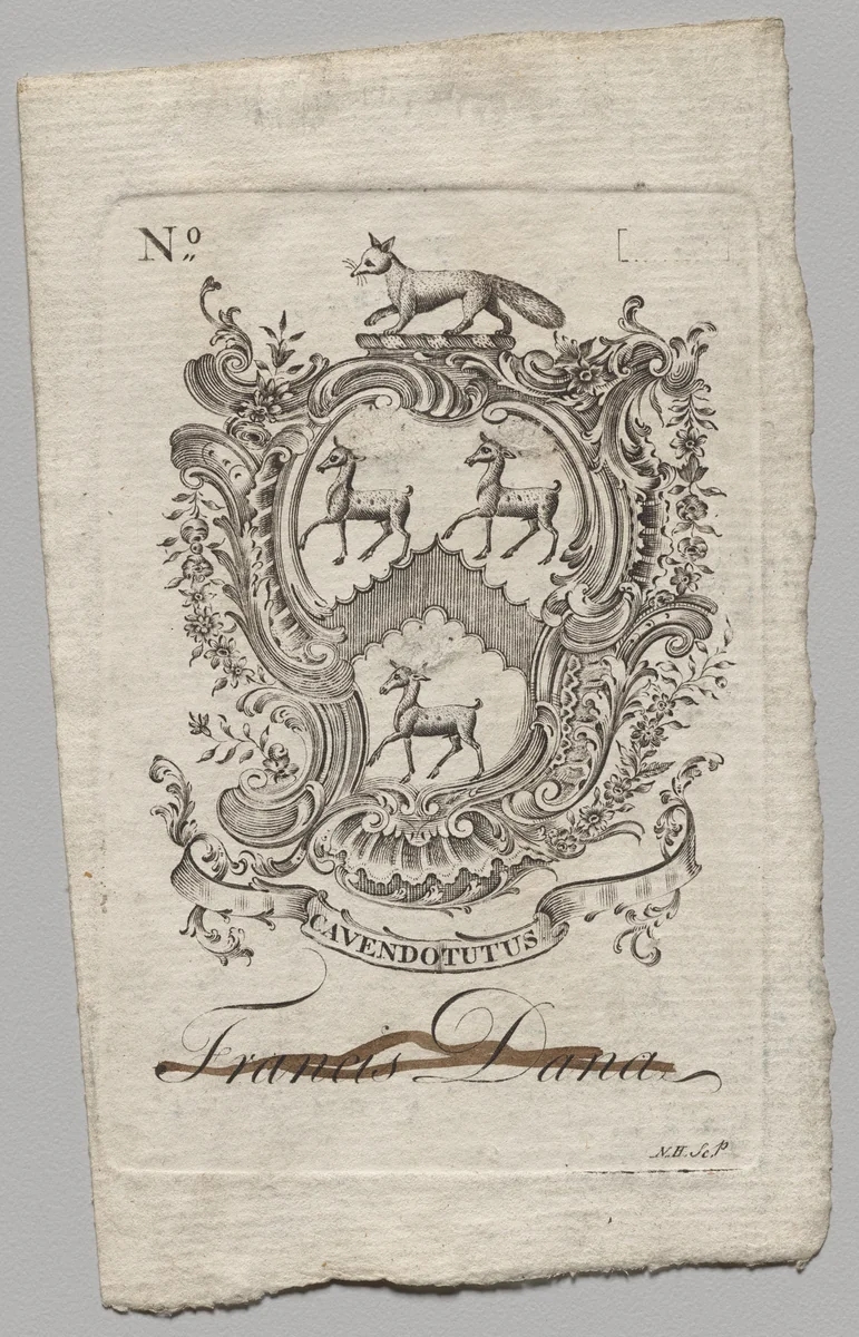 Bookplate: Coat of Arms with Francis Dana inscribed by Nathaniel Hurd, print