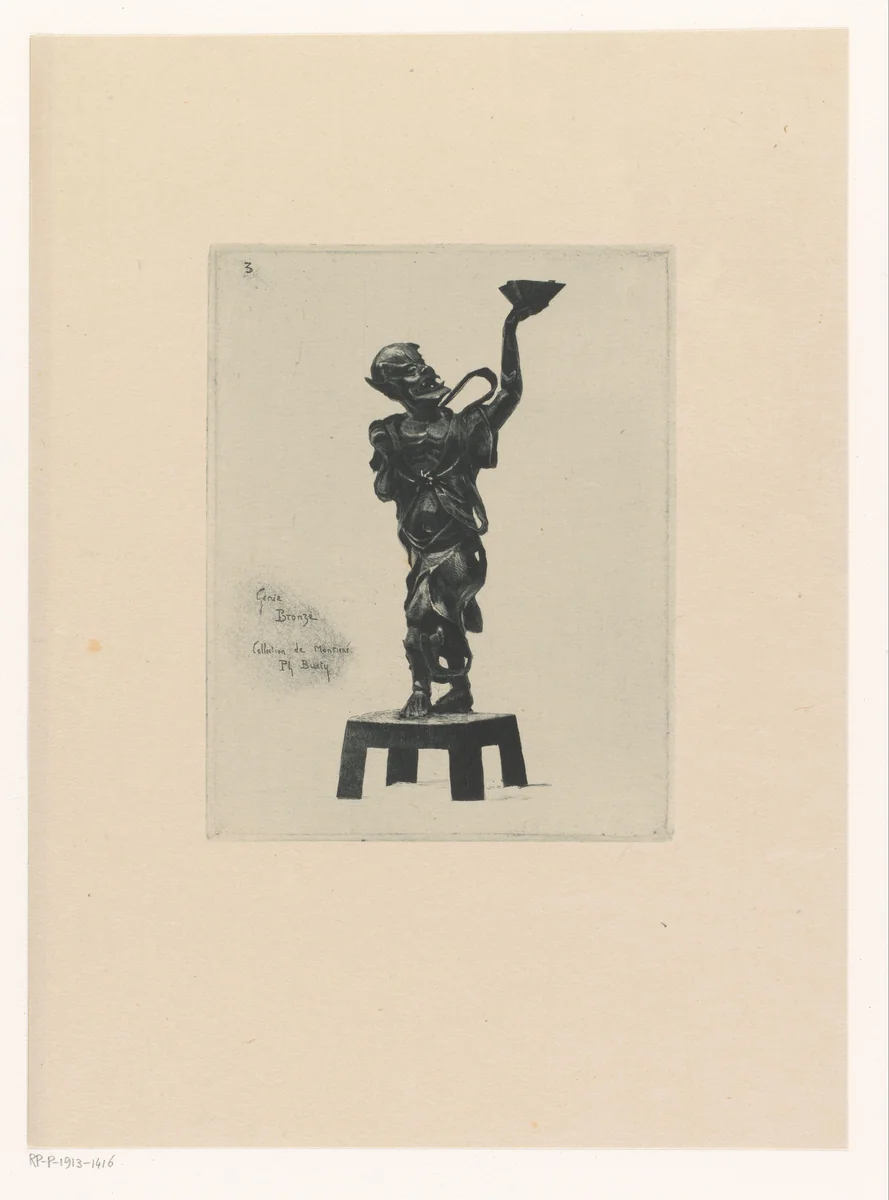Bronzen beeld van een boze geest by Félix Hilaire Buhot, print, 1883