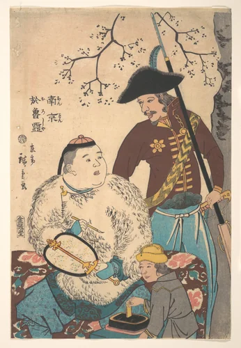 Russians and a Chinese Inscribing a Fan by Utagawa Hiroshige II (二代目歌川広重), print, 1860