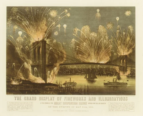 The Grand Display of Fireworks and Illuminations at the Opening of the Great Suspension Bridge between New York and Brooklyn on the Evening of May 24, 1883. View from New York Looking towards Brooklyn. by Currier & Ives, print, 1883