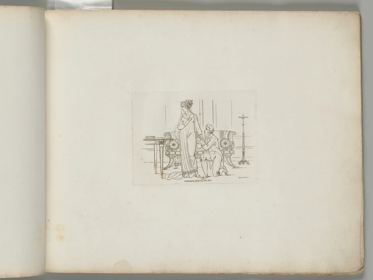 A Man Kneeling Beside a Woman, Holding Her Hand (from Sketches in Outline) by Henry Moses, print, 1808