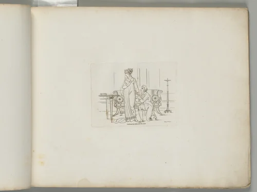 A Man Kneeling Beside a Woman, Holding Her Hand (from Sketches in Outline) by Henry Moses, print, 1808