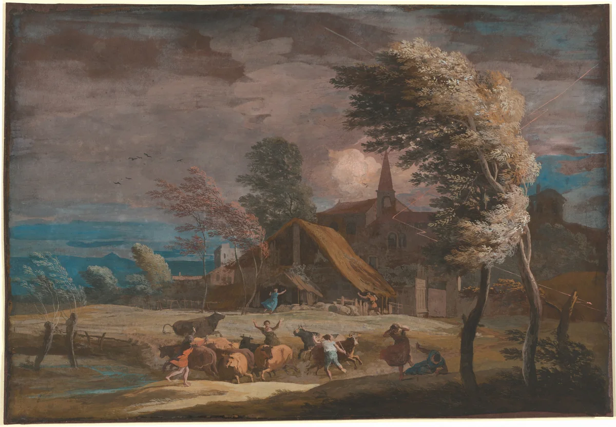 A Stormy Landscape by Marco Ricci, drawing, 1720-1730