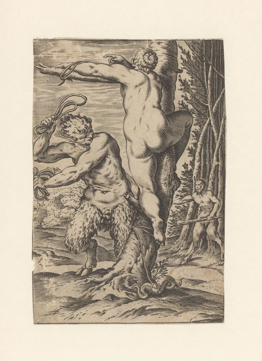 Sater slaat nimf met een zweep by Agostino Carracci, print, 1590-1595