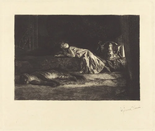 Oriental Interior with Sleeping Tiger by Jean Joseph Benjamin Constant, print, 1875-1885