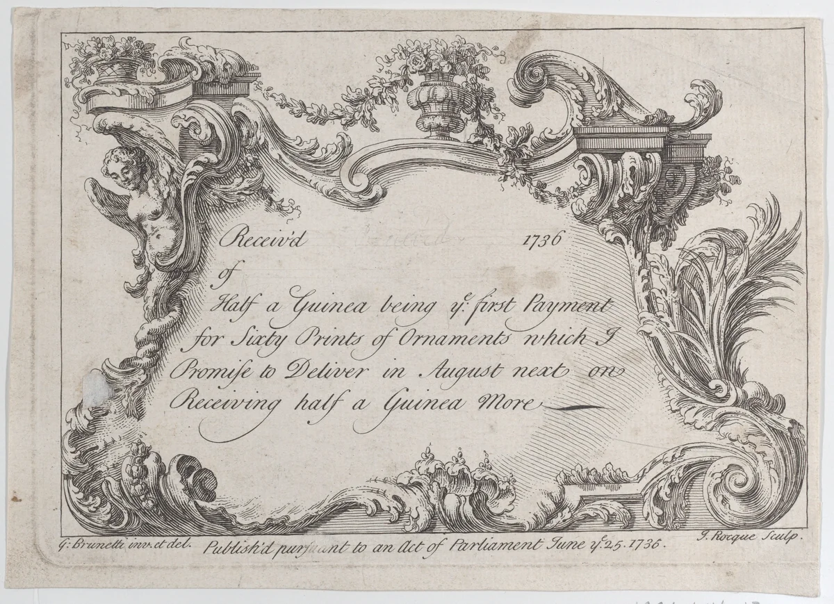 Trade card for Frazer, Army Printer, Stationer and Bookbinder by Gaetano Brunetti, print, 1736