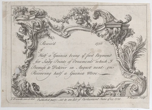 Trade card for Frazer, Army Printer, Stationer and Bookbinder by Gaetano Brunetti, print, 1736