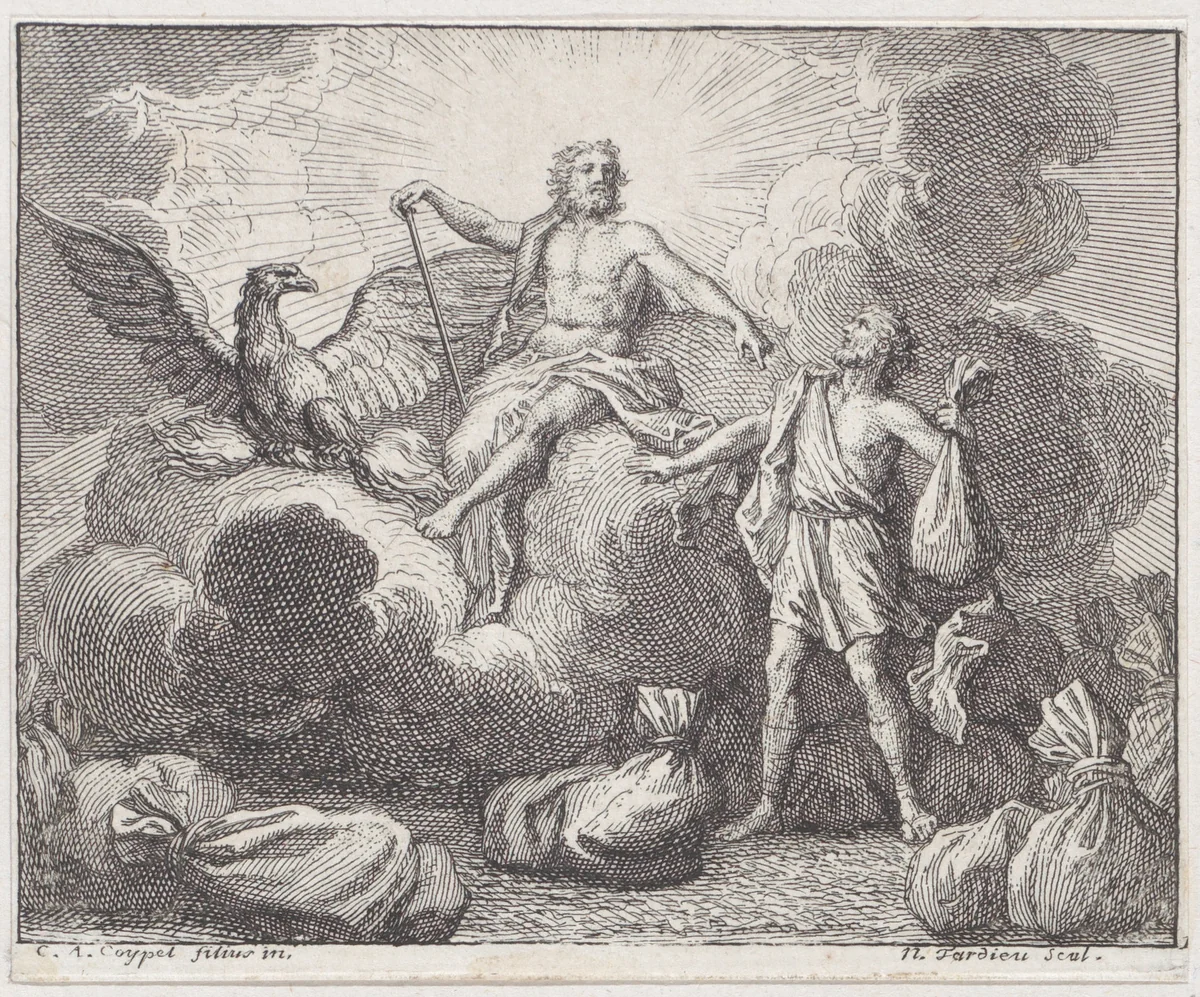 Book 1, Fable 11: Bags of Destinies (Les Sacs des Destinées), from "Fables Nouvelles" by Nicolas Henry Tardieu, print, 1719