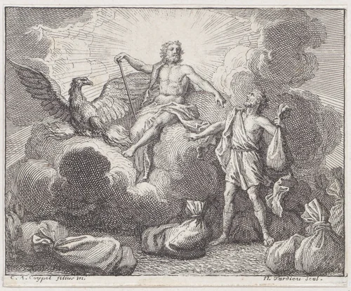 Book 1, Fable 11: Bags of Destinies (Les Sacs des Destinées), from "Fables Nouvelles" by Nicolas Henry Tardieu, print, 1719