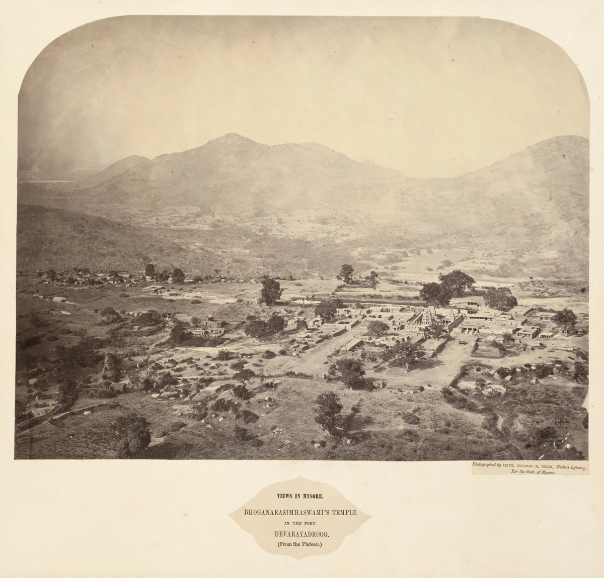 Views in Mysore: Bhoganarasimhaswami's temple, in the fort, Devarayadroog (from the plateau) by Henry Dixon, photograph, 1862-1865