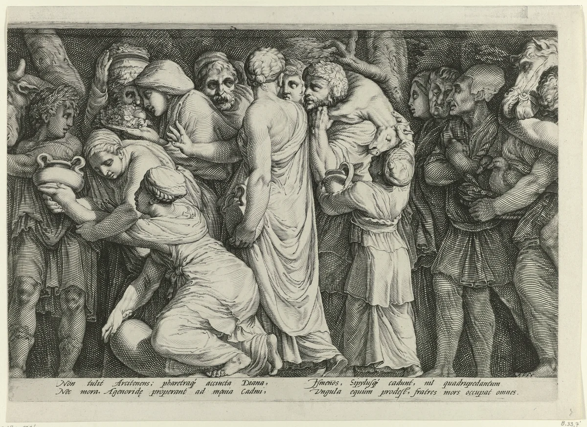 Fries met de bestraffing van Niobe (plaat 7) by Jan Saenredam, print, 1594