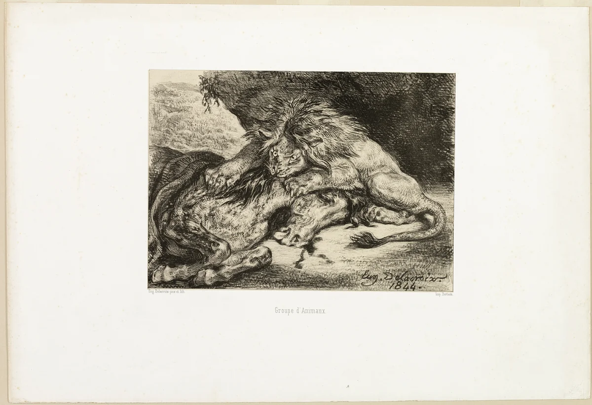 Lion Devouring a Horse by Eugène Delacroix, print, 1844