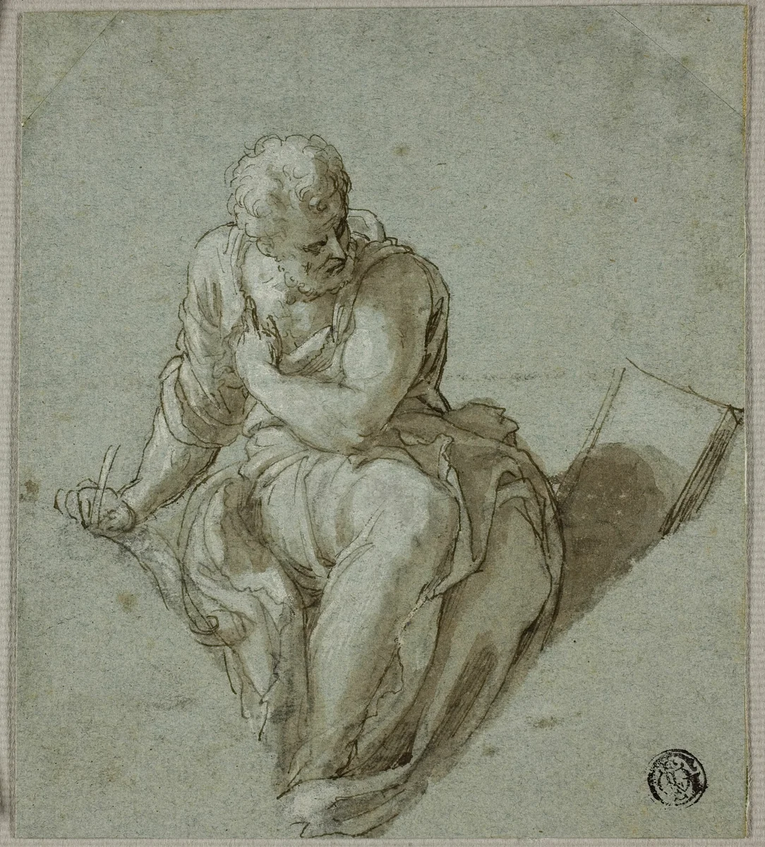 Seated Prophet or Evangelist Writing by Giuseppe Porta, drawing, 1545-1575