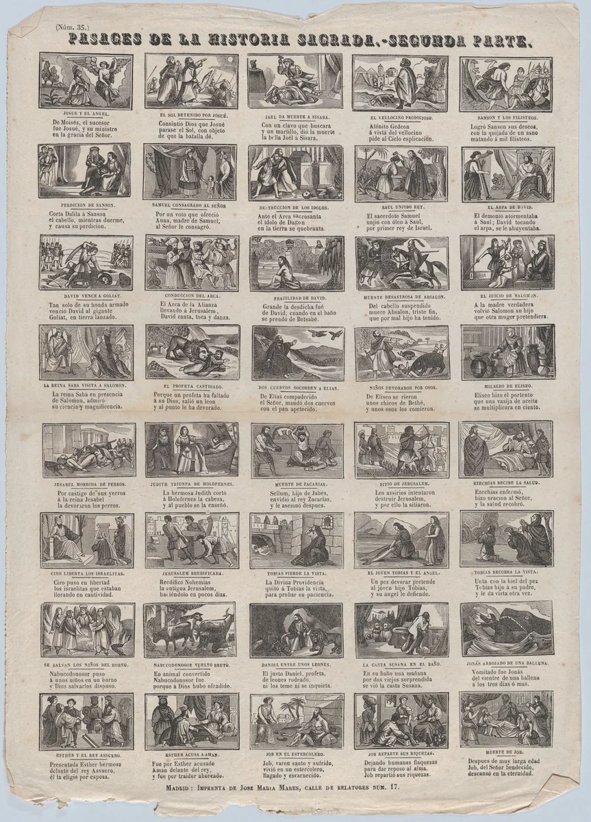 Broadside with 48 scenes illustrating passages of holy scripture (Part II) by José María Marés, print, 1855-1875