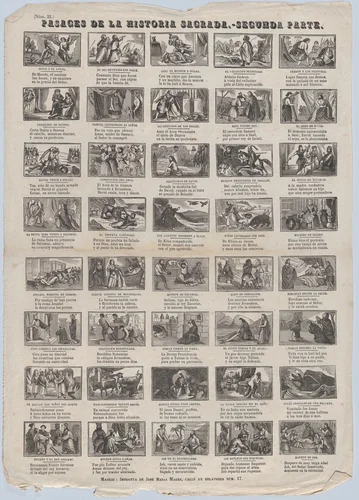Broadside with 48 scenes illustrating passages of holy scripture (Part II) by José María Marés, print, 1855-1875