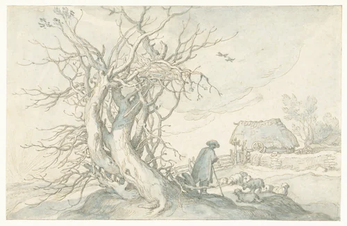 Herder met schapen bij een dode boom by Abraham Bloemaert, drawing, 1600-1610