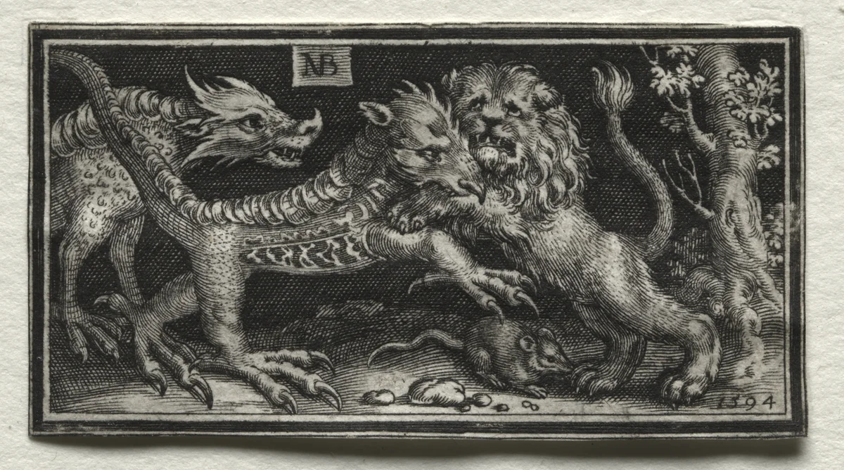 Lion Fighting two Beasts by Nicolaes de Bruyn, print, 1594