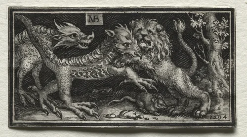 Lion Fighting two Beasts by Nicolaes de Bruyn, print, 1594