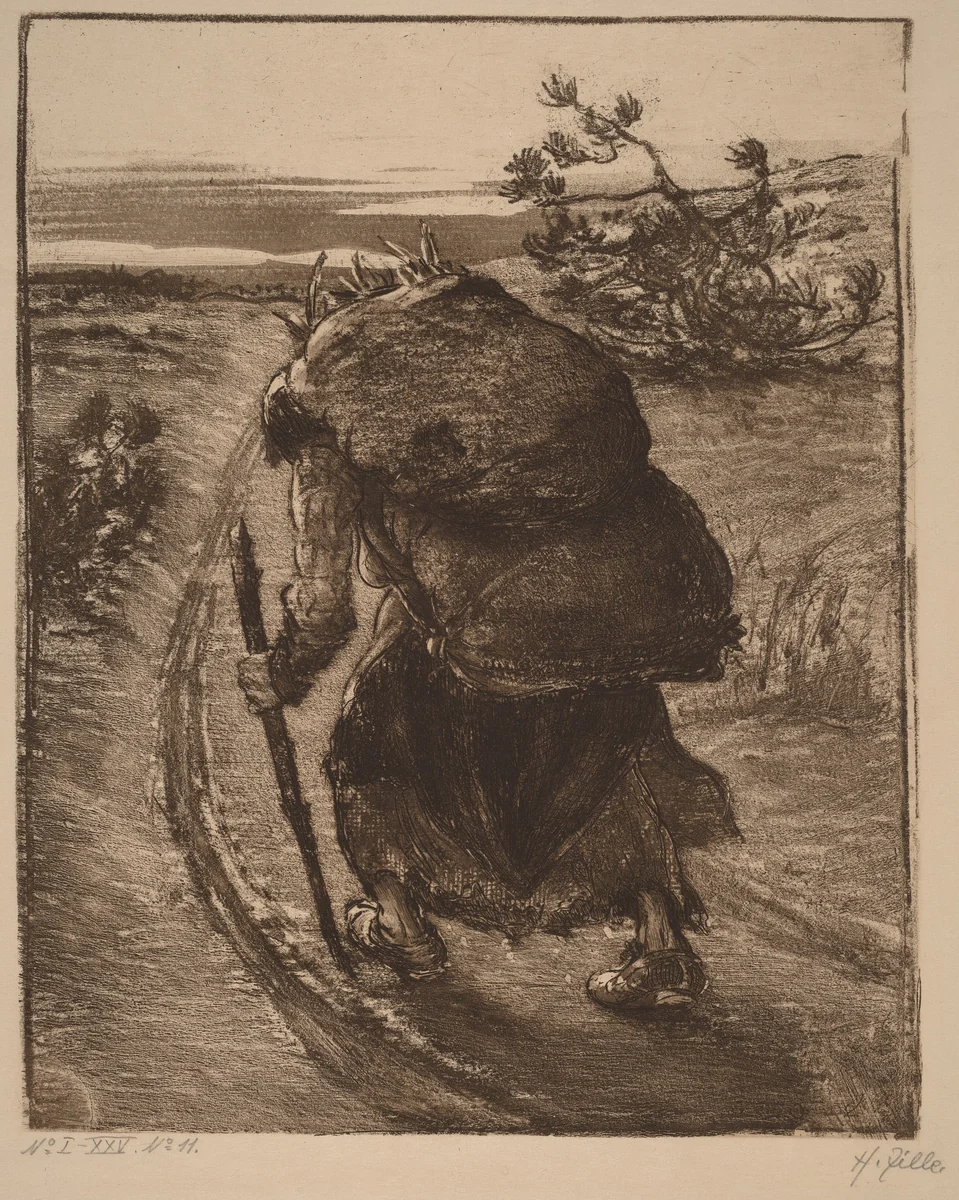 A Woman Carrying a Bundle of Sticks by Heinrich Zille, print, 1897-1907