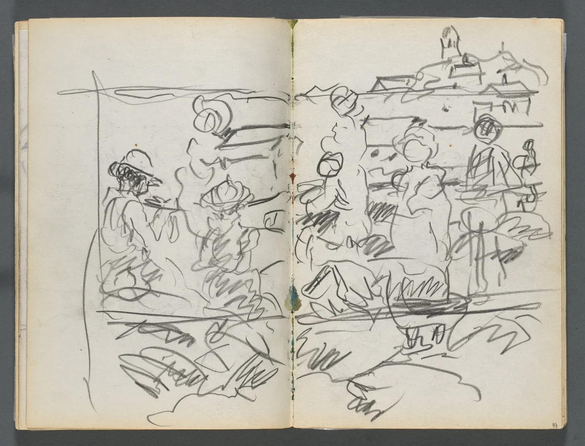 Sketchbook, The Dells, N° 127, page 098 & 99: Figures in a Landscape by Maurice Prendergast, book, 1919-1921