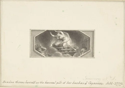 Evadne throws herself on the Funeral Pile of her Husband Capaneus by Edward Francis Burney, drawing, 1790-1800