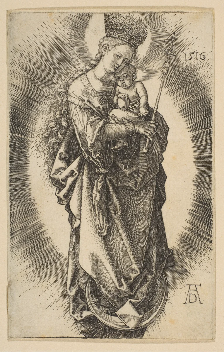 Virgin on the Crescent with Scepter and Starry Crown by Albrecht Dürer, print, 1516