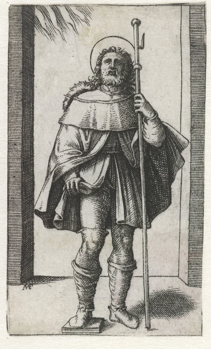 Heilige Rochus als pelgrim met pelgrimsstaf toont pestbult op been by Unknown, print, 1500-1527