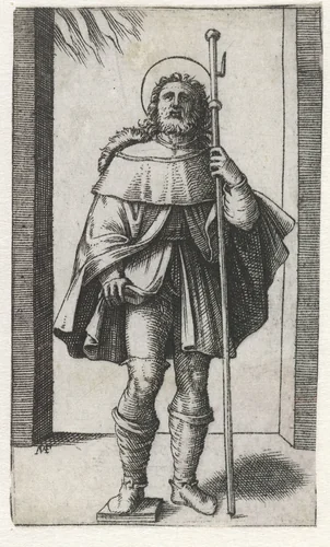 Heilige Rochus als pelgrim met pelgrimsstaf toont pestbult op been by Unknown, print, 1500-1527