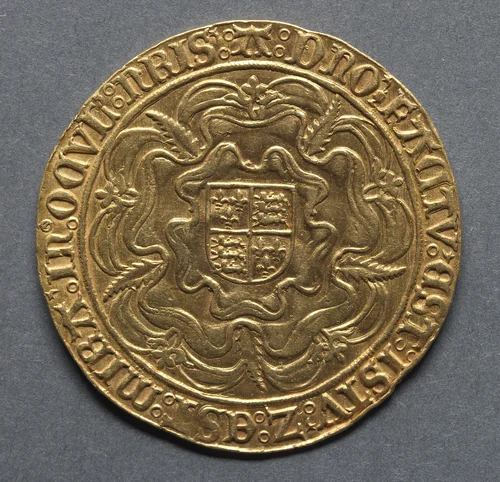 Sovereign: Shield of Royal Arms on a Tudor Rose (reverse) by Unknown, metalwork, 1553