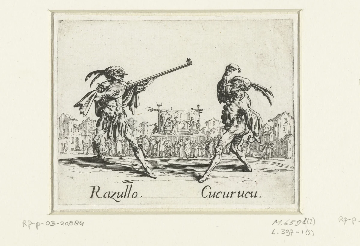 Twee straatartiesten als Razullo en Cucurucu by Jacques Callot, print, 1621-1622