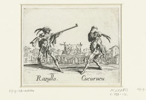 Twee straatartiesten als Razullo en Cucurucu by Jacques Callot, print, 1621-1622