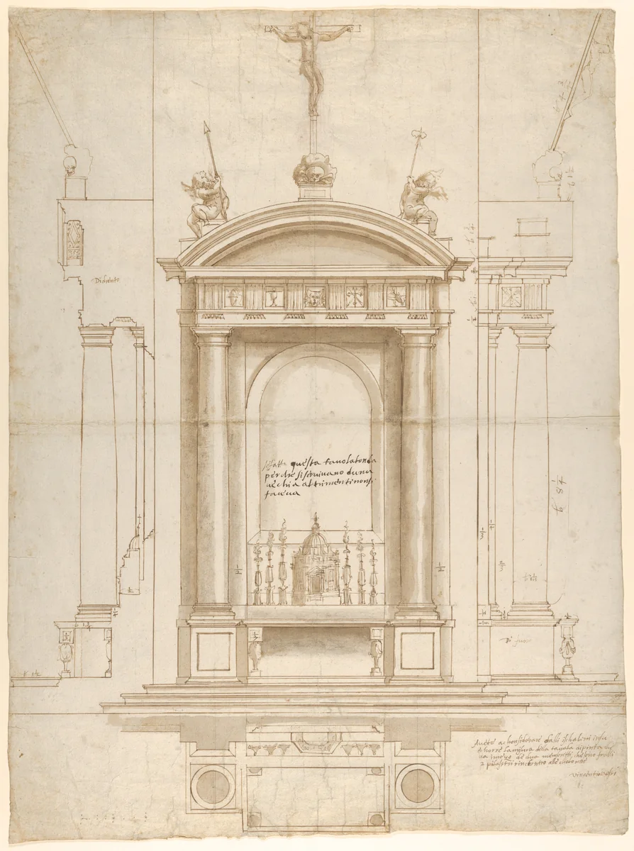 Design for an Altar Surmounted by a Crucifix in Four Different Views by Vincenzo de' Rossi, drawing, 1546-1547