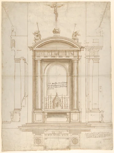 Design for an Altar Surmounted by a Crucifix in Four Different Views by Vincenzo de' Rossi, drawing, 1546-1547