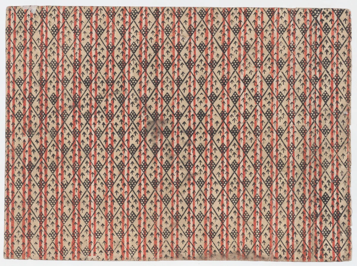 Sheet with striped background with diamond pattern and arrows by anonymous, print, 1800-1900