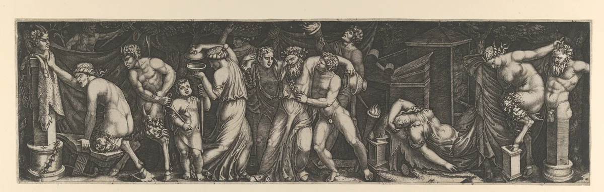 A Bacchanal, Silenus supported by two bacchants in the centre, at right a female satyr reclining on a bed and another pulling the horns on a statue of Priapus, various other figures fill the composition by Marcantonio Raimondi, print, 1505-1515