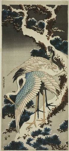 Cranes on snow-covered pine by Katsushika Hokusai (葛飾 北斎), print, 1829-1839