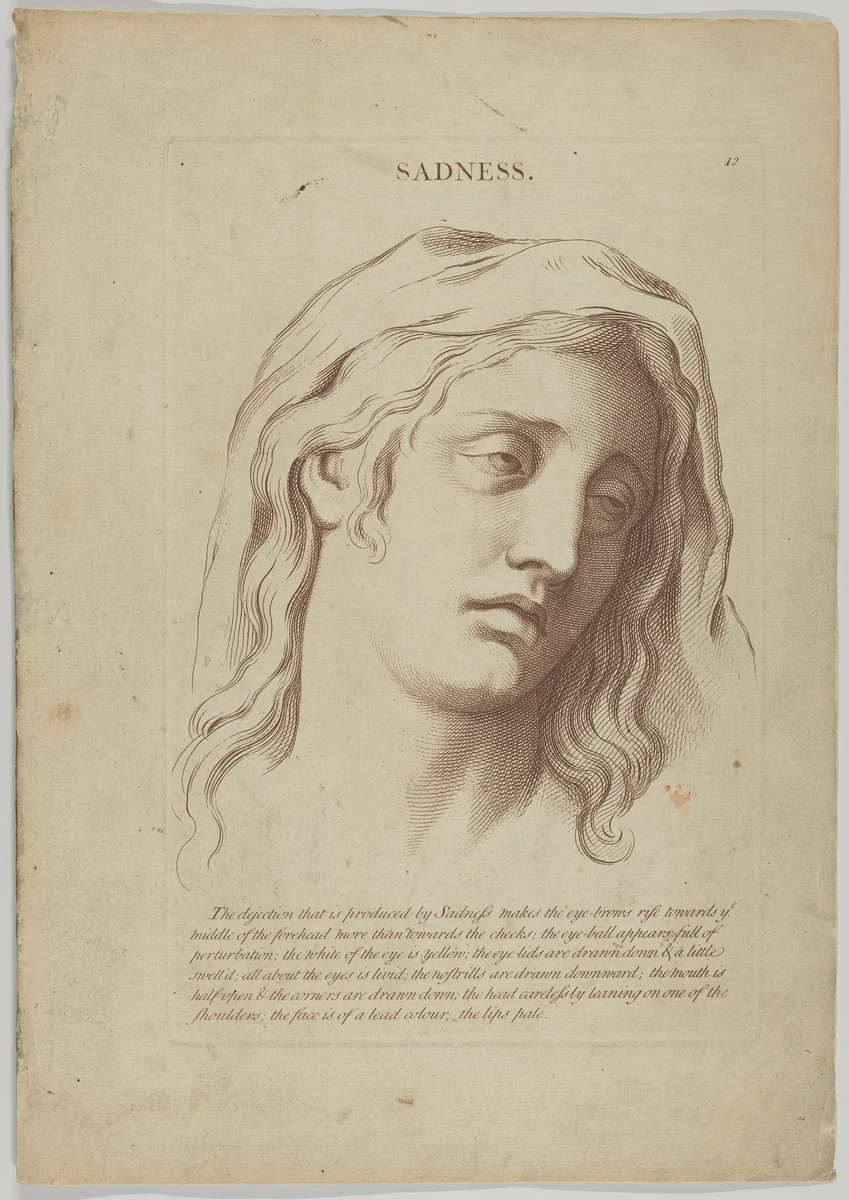 Sadness, plate 13 from "Heads Representing the Various Passions of the Soul; as they are Expressed in the Human Countenance: Drawn by that Great Master Monsieur Le Brun" by anonymous, print, 1765-1800